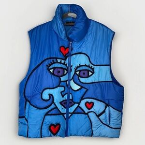 Paris Etienne Blue Abstract Face Puffer Vest Wearable Art Graphic Zip L/XL Artsy